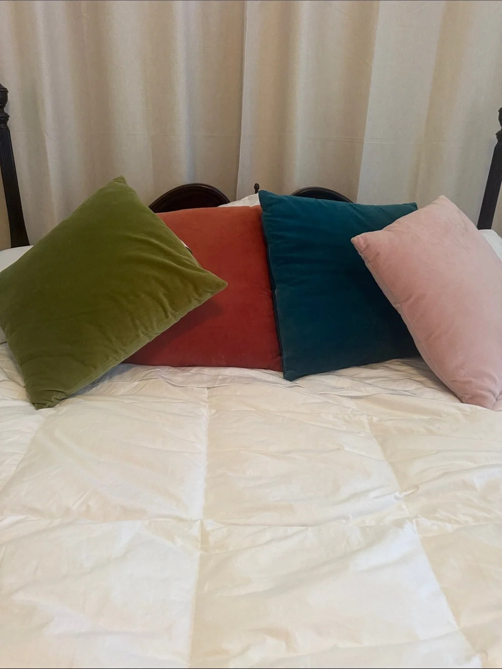 World Market Velvet Throw Pillows set of 4 16X16 square Aqua Pink Coral Olive